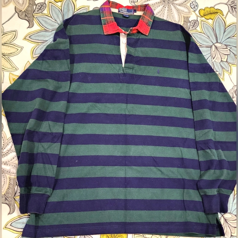 Vintage 1993 Ralph Lauren Polo Classic Striped Rugby Plaid Collar sz L